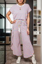 Striped Round Neck Top and Drawstring Pants Set Trendsi