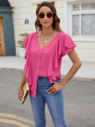 Ruffled V-Neck Short Sleeve Top Trendsi