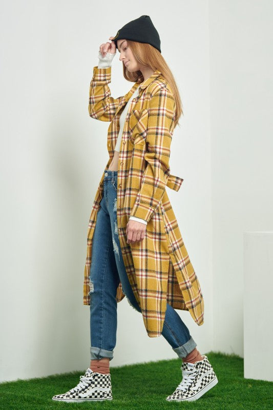 PLAID PRINT COLLAR LONG SHIRT DRESS Jade By Jane