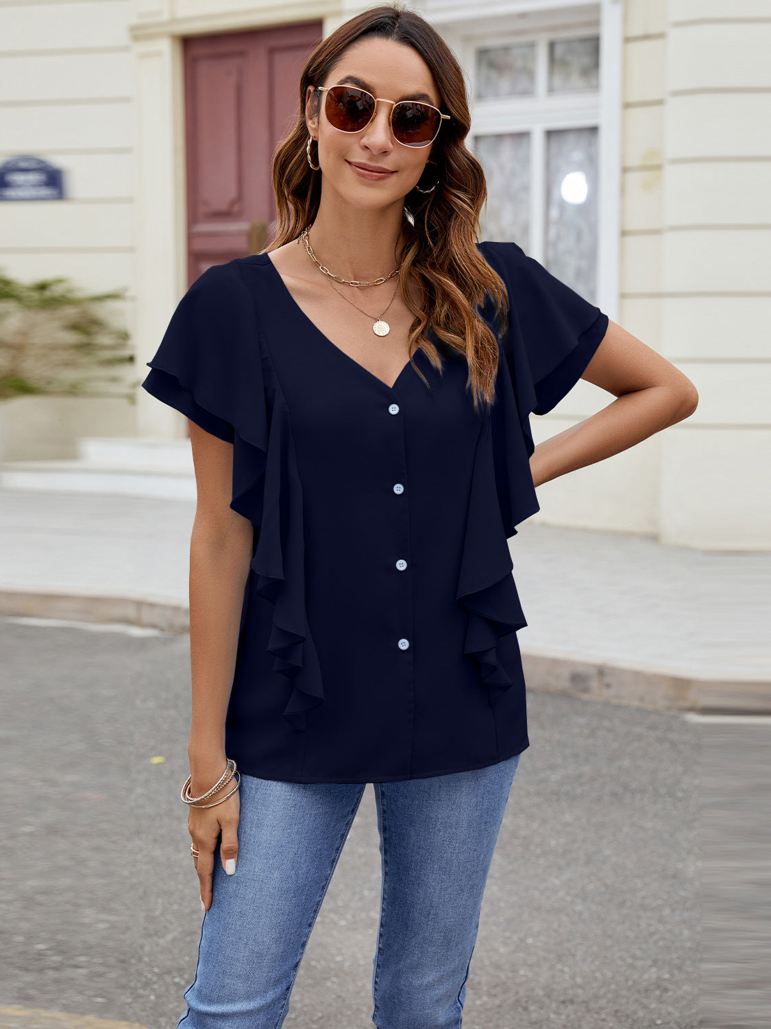 Ruffled V-Neck Short Sleeve Top Trendsi