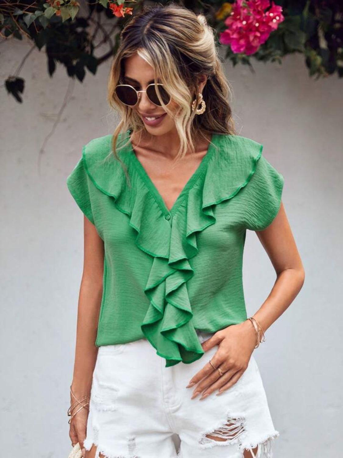 Ruffled V-Neck Short Sleeve Blouse Trendsi