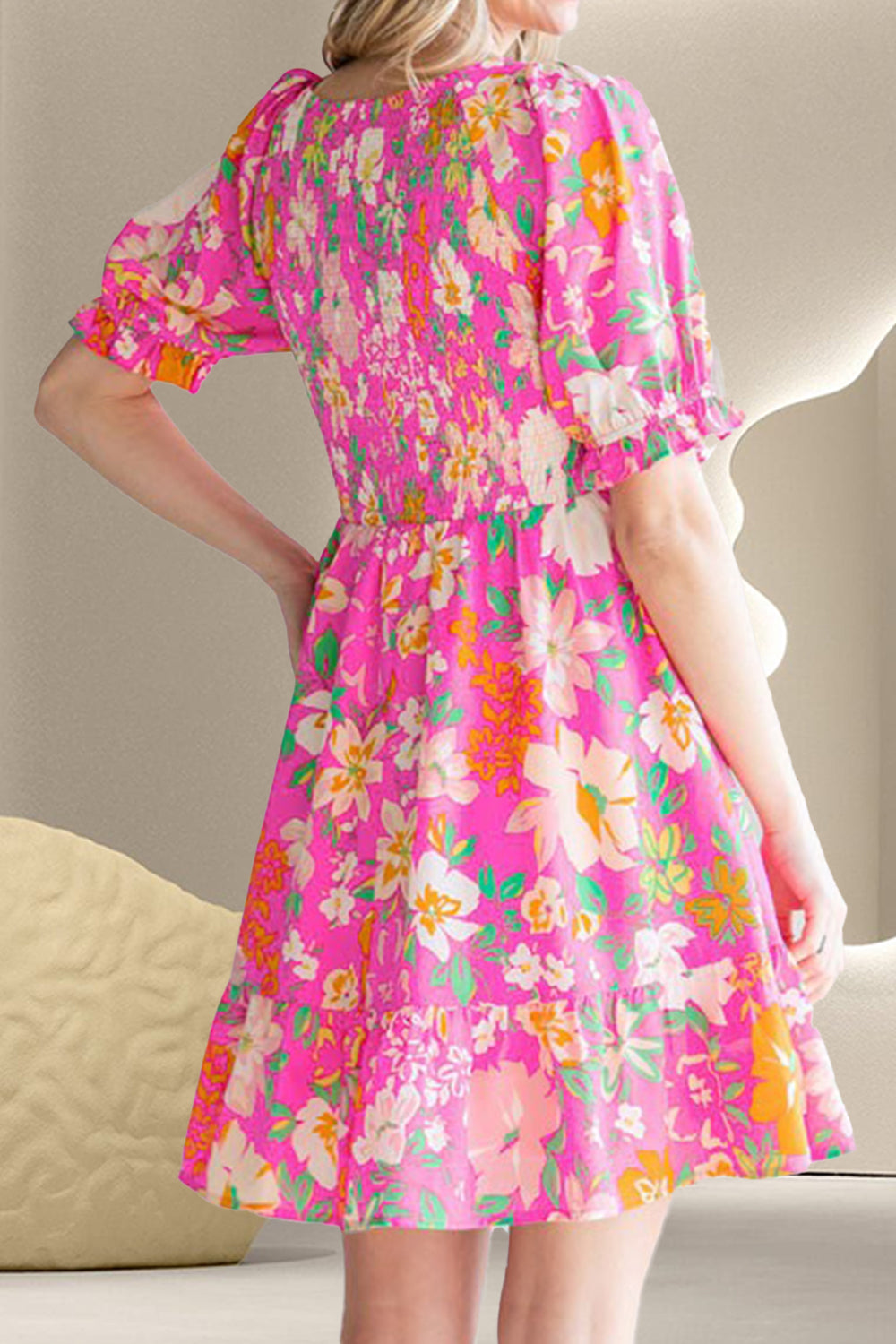 Smocked Printed V-Neck Short Sleeve Dress Trendsi