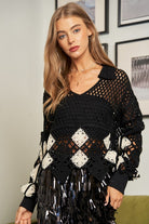 Crochet V Neck Long Sleeve Knit Sweater Top Davi & Dani