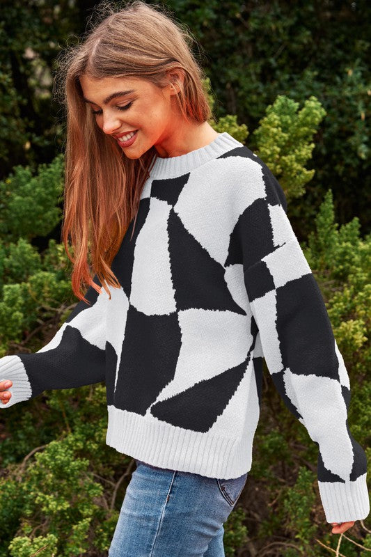 Multi Geo Checker Pullover Knit Sweater Top Davi & Dani