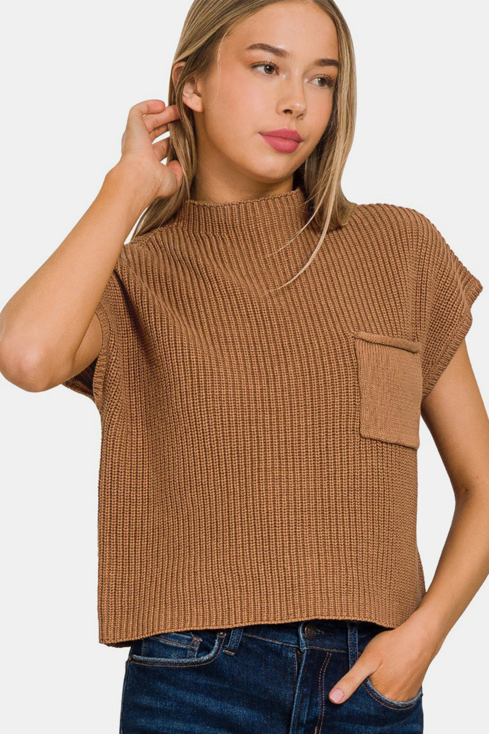 Zenana Mock Neck Short Sleeve Cropped Sweater Trendsi