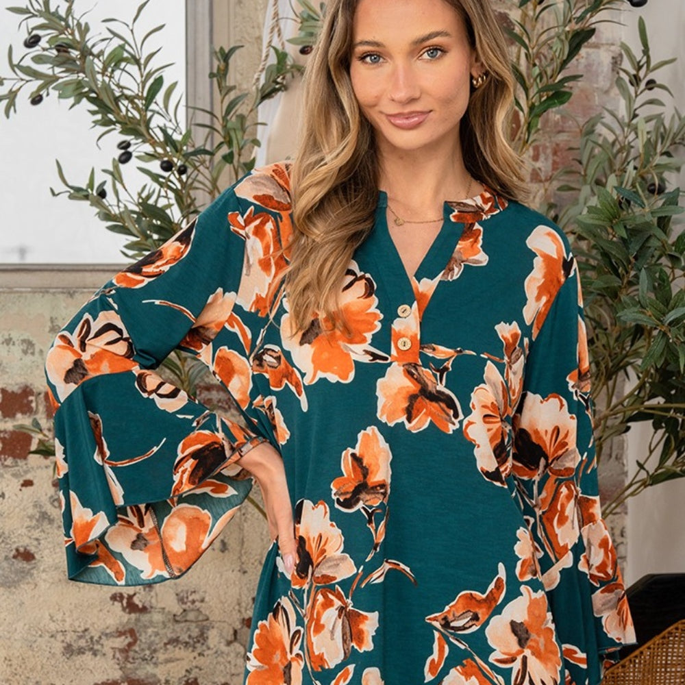 Sew In Love Full Size Wrinkle Free Floral Flounce Sleeve Top