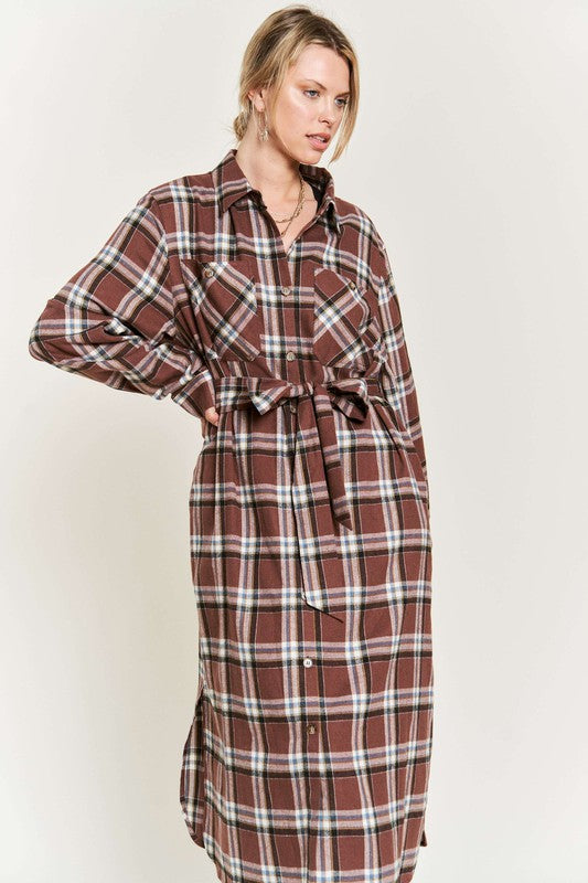 PLAID PRINT COLLAR LONG SHIRT DRESS PLUS Jade By Jane