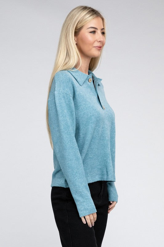 Brushed Melange Hacci Collared Sweater ZENANA