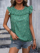 Ruffled Printed Round Neck Cap Sleeve Blouse Trendsi