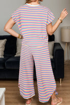 Striped Round Neck Top and Drawstring Pants Set Trendsi