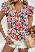 Ruffled Printed V-Neck Cap Sleeve Blouse Trendsi