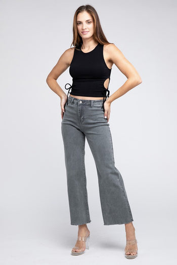 Acid Wash Frayed Cutoff Hem Straight Wide Pants ZENANA