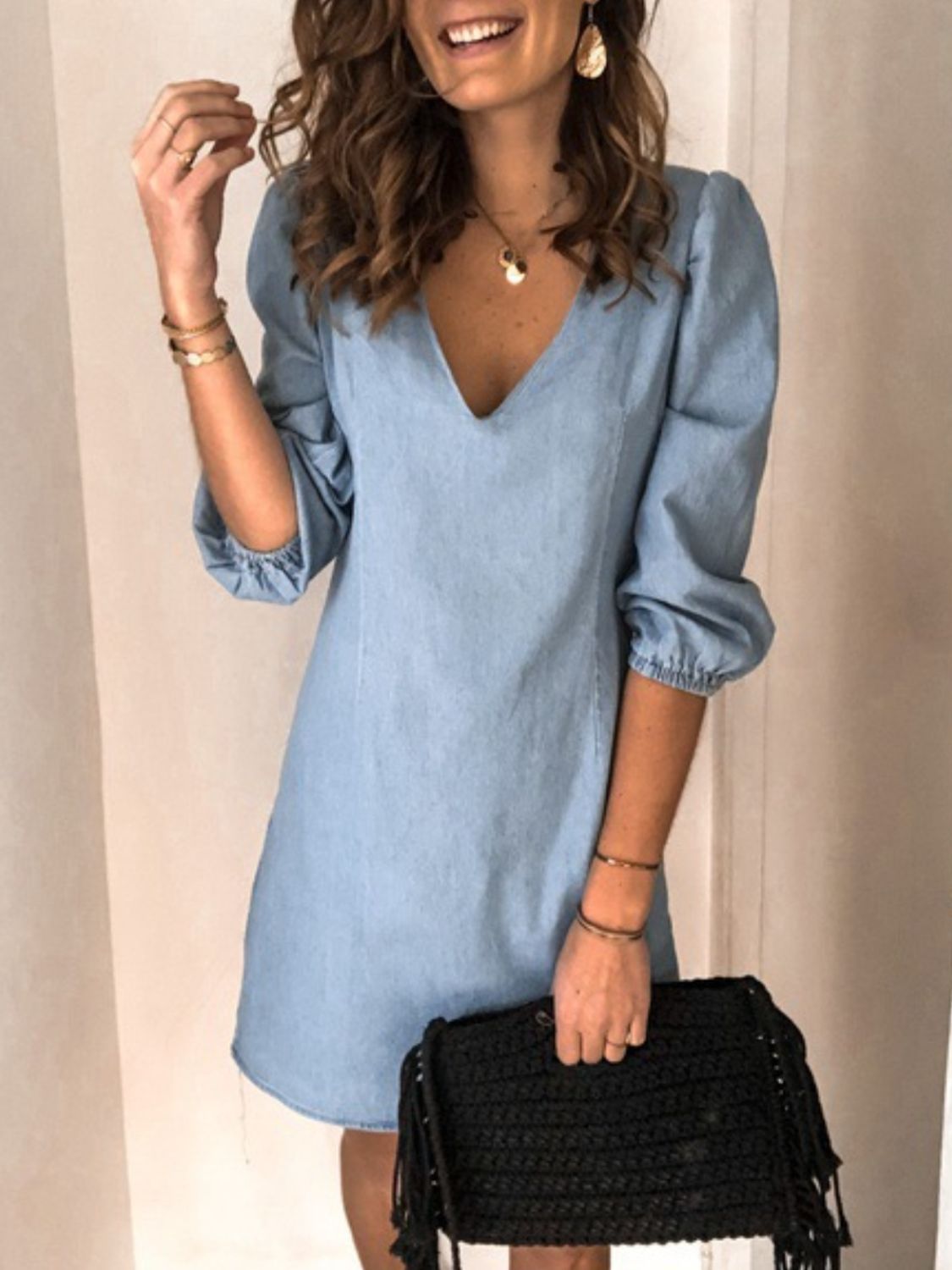 Full Size V-Neck Half Sleeve Denim Dress Trendsi