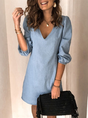 Full Size V-Neck Half Sleeve Denim Dress Trendsi