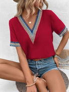 Full Size V-Neck Short Sleeve Blouse Trendsi