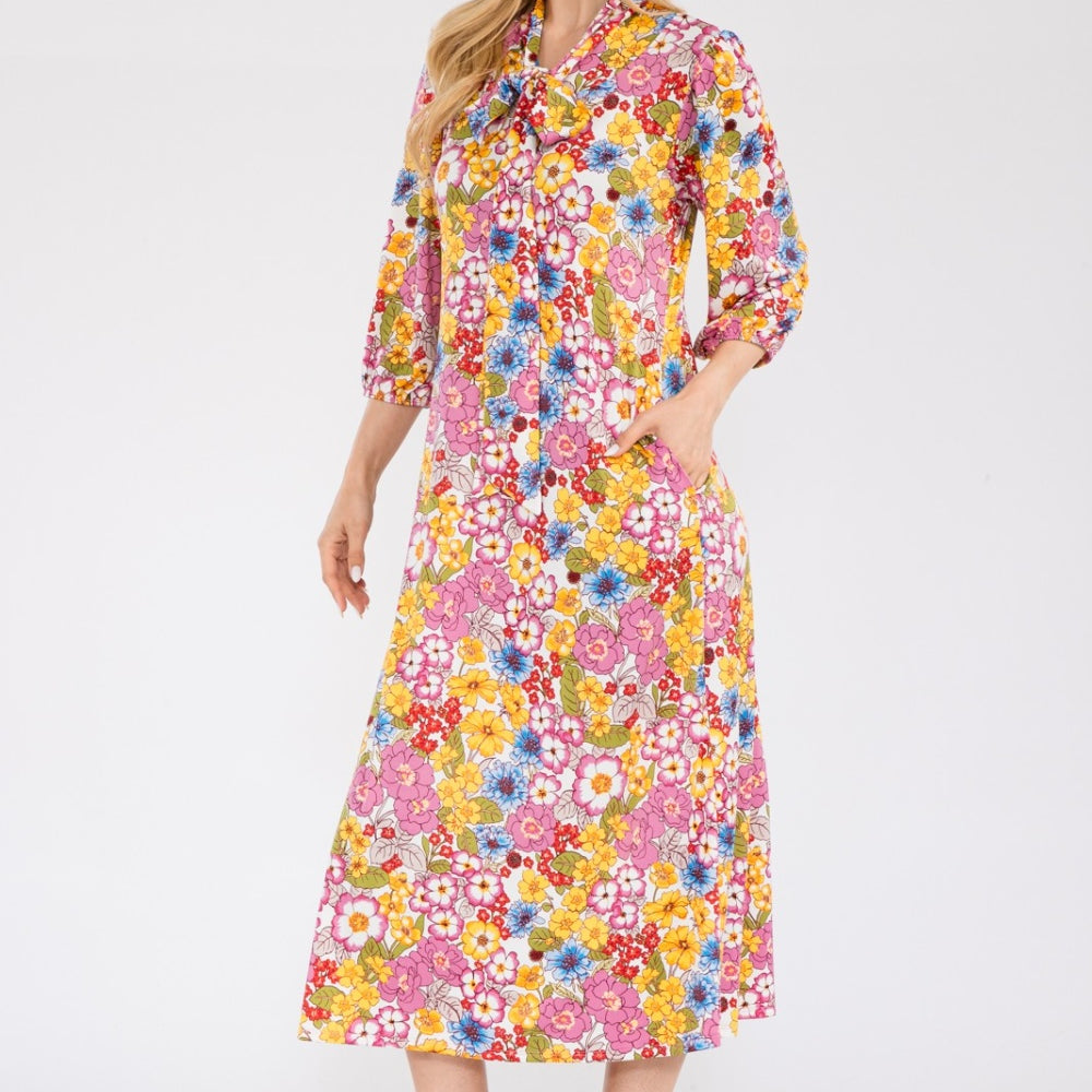 Celeste Floral Midi Dress with Bow Tied