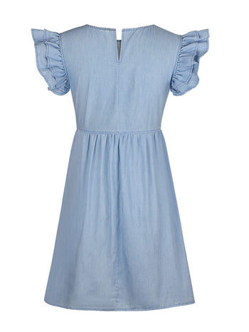 Full Size Ruffled Round Neck Cap Sleeve Denim Dress Trendsi