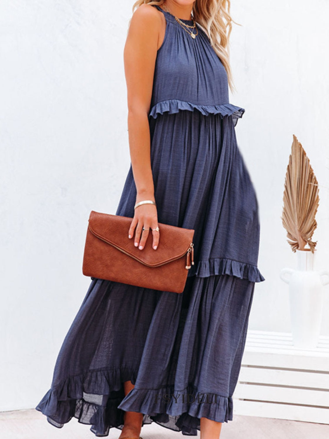 Ruffled Sleeveless Maxi Dress with Pockets Trendsi