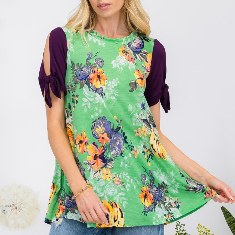 Celeste Full Size Open Tie Sleeve Round Neck Floral Blouse Trendsi