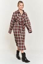 PLAID PRINT COLLAR LONG SHIRT DRESS PLUS Jade By Jane