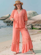 Plus Size Button Up Half Sleeve Top and Pants Set Trendsi