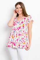 Be Stage Floral Short Sleeve Ruffled Top Trendsi