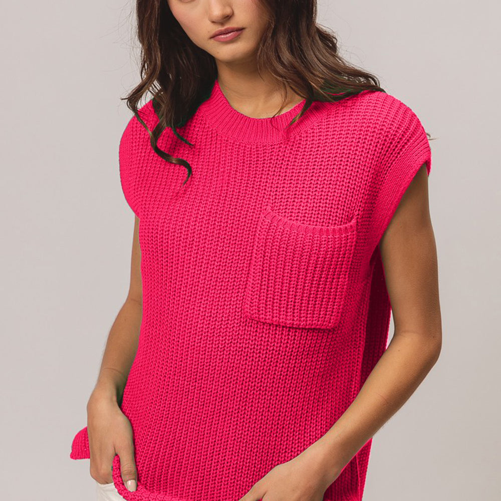 BiBi Patch Pocket Cap Sleeve Sweater Top Trendsi