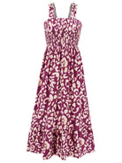 Smocked Printed Square Neck Sleeveless Dress Trendsi