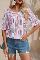 Printed Round Neck Flounce Sleeve Blouse Trendsi