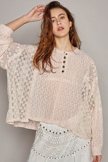 POL Round Neck Long Sleeve Raw Edge Lace Top Trendsi