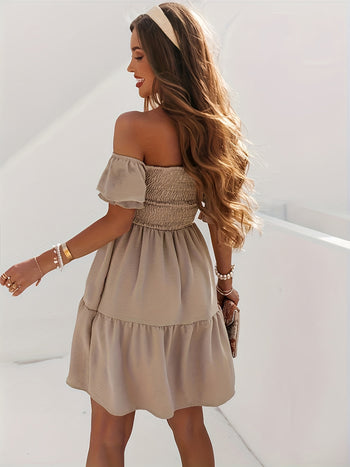 Full Size Ruffled Off-Shoulder Short Sleeve Dress Trendsi