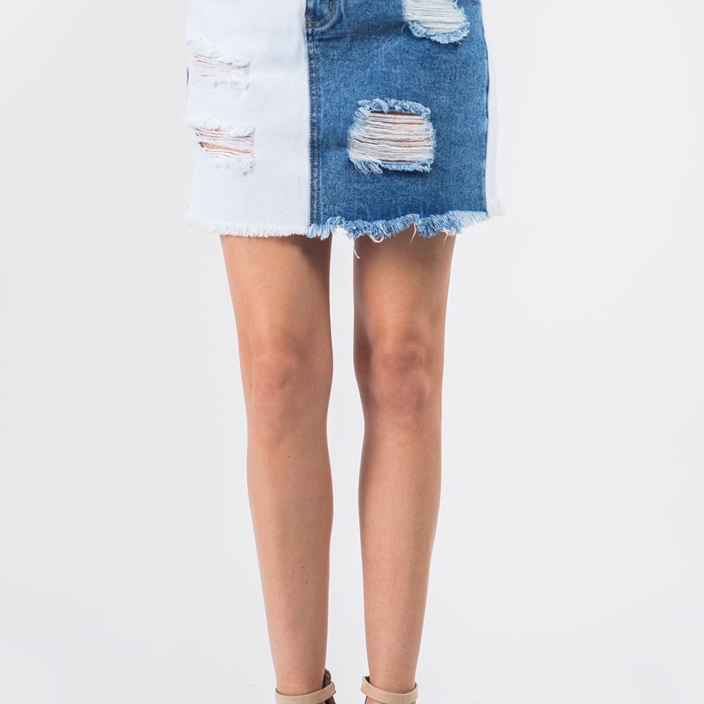 American Bazi Contrast Patched Frayed Denim Distressed Skirts