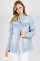 American Bazi Letter Patched Distressed Denim Jacket Trendsi