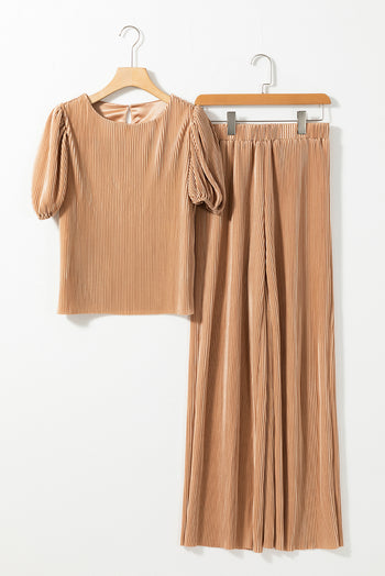 Round Neck Puff Sleeve Top and Pants Set Trendsi