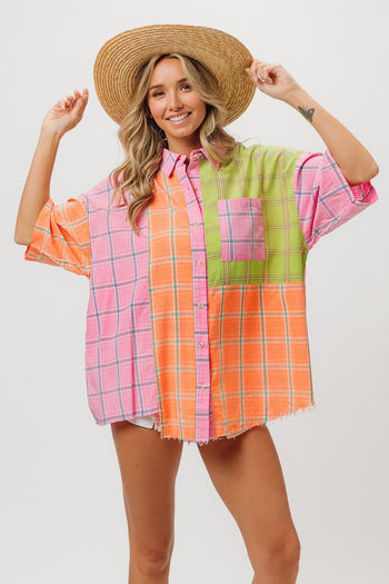 BiBi Plaid Collared Neck Half Sleeve Shirt BiBi