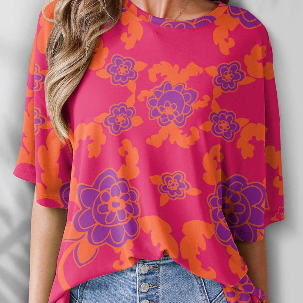 Printed Round Neck Half Sleeve T-Shirt Trendsi