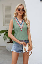 Contrast Eyelet V-Neck Tank Trendsi