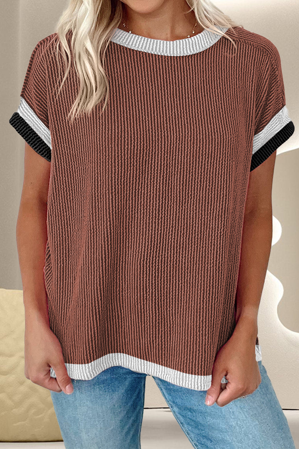 Color Block Round Neck Cap Sleeve T-Shirt Trendsi