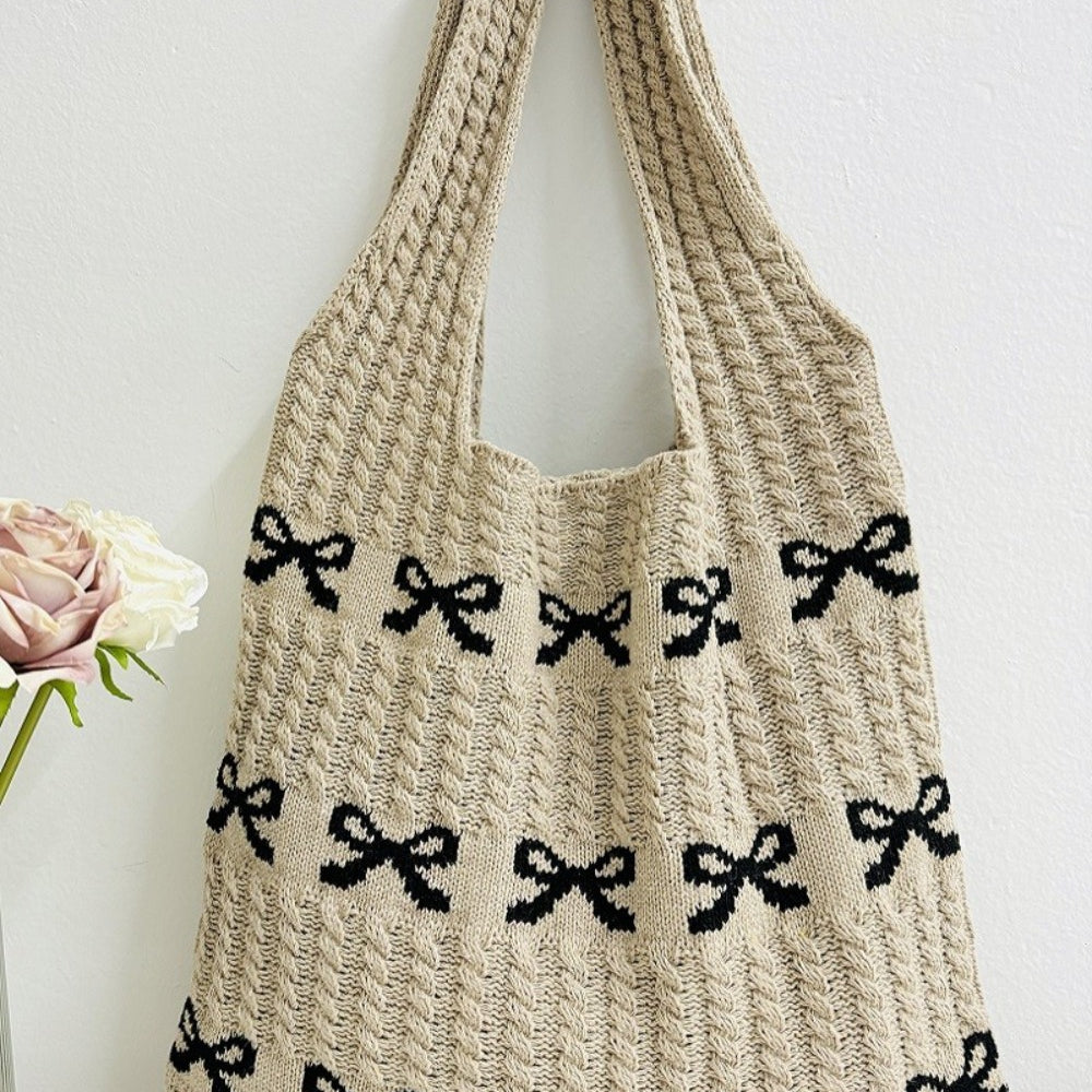 Zenana Ribbon Bow Pattern Knitted Woven Crochet Tote Bag