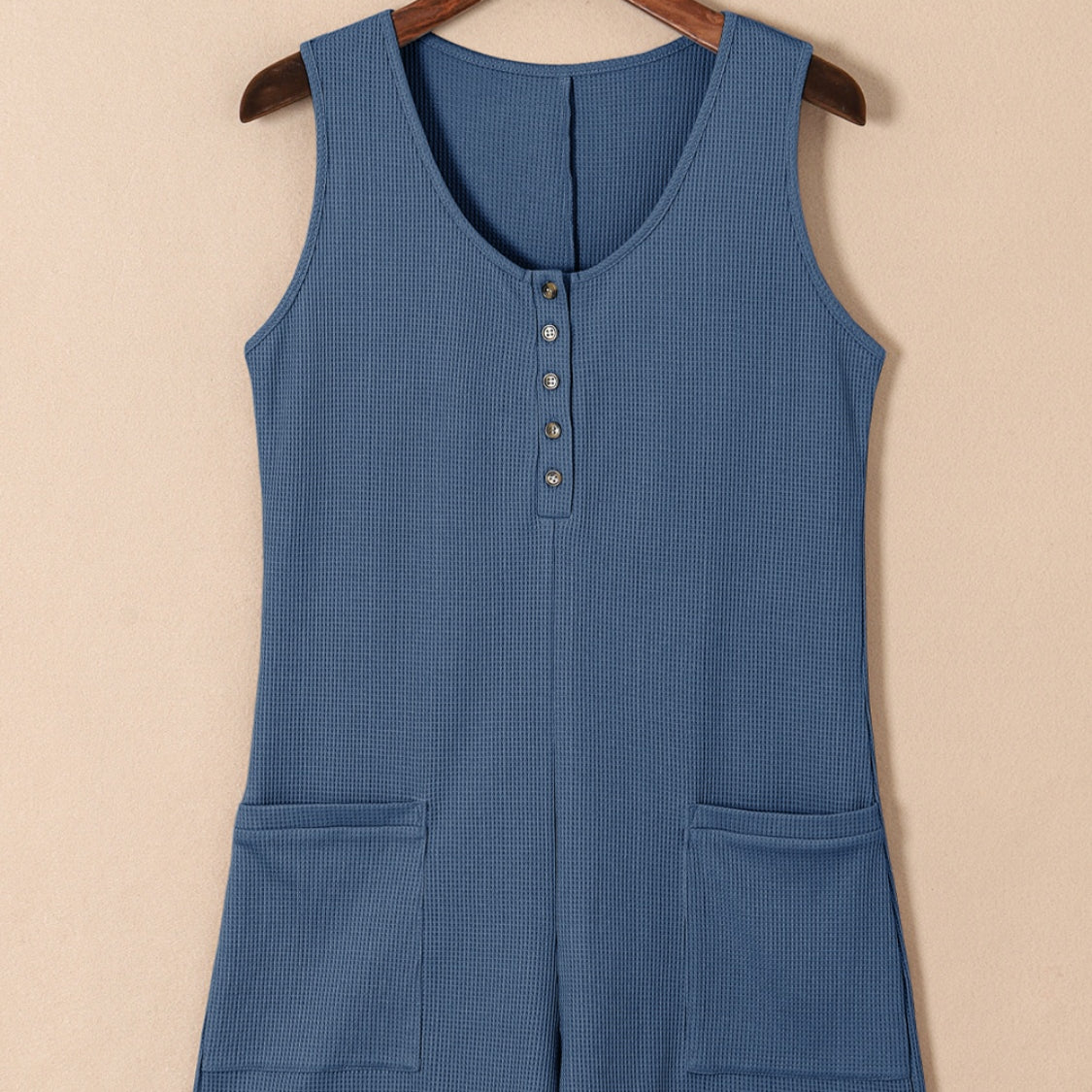 Waffle-Knit Half Button Sleeveless Romper with Pockets