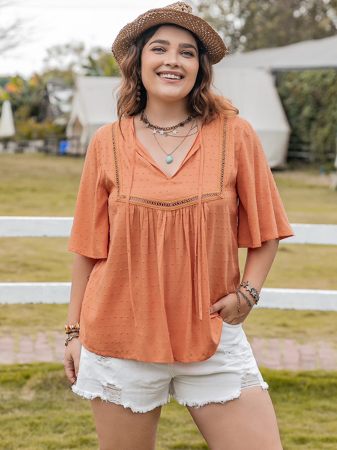 Plus Size Ruched Tie Neck Half Sleeve Blouse Trendsi