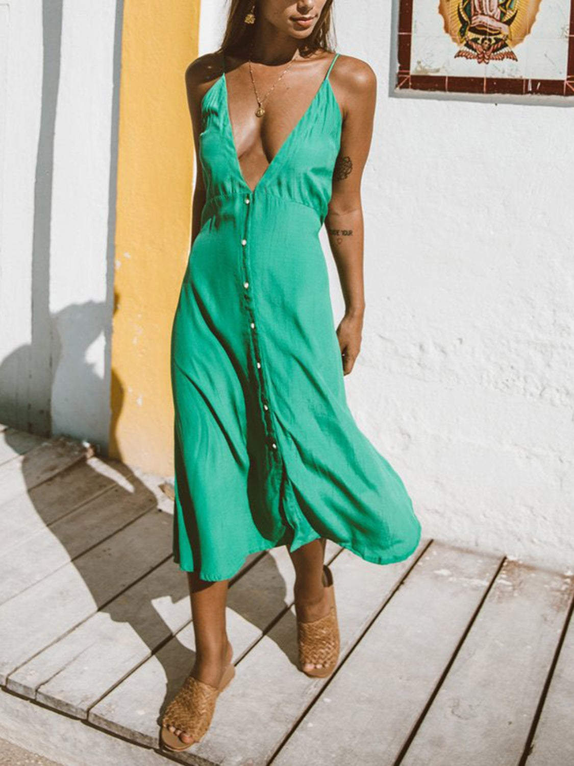 Buttoned Plunge Midi Cami Dress Trendsi
