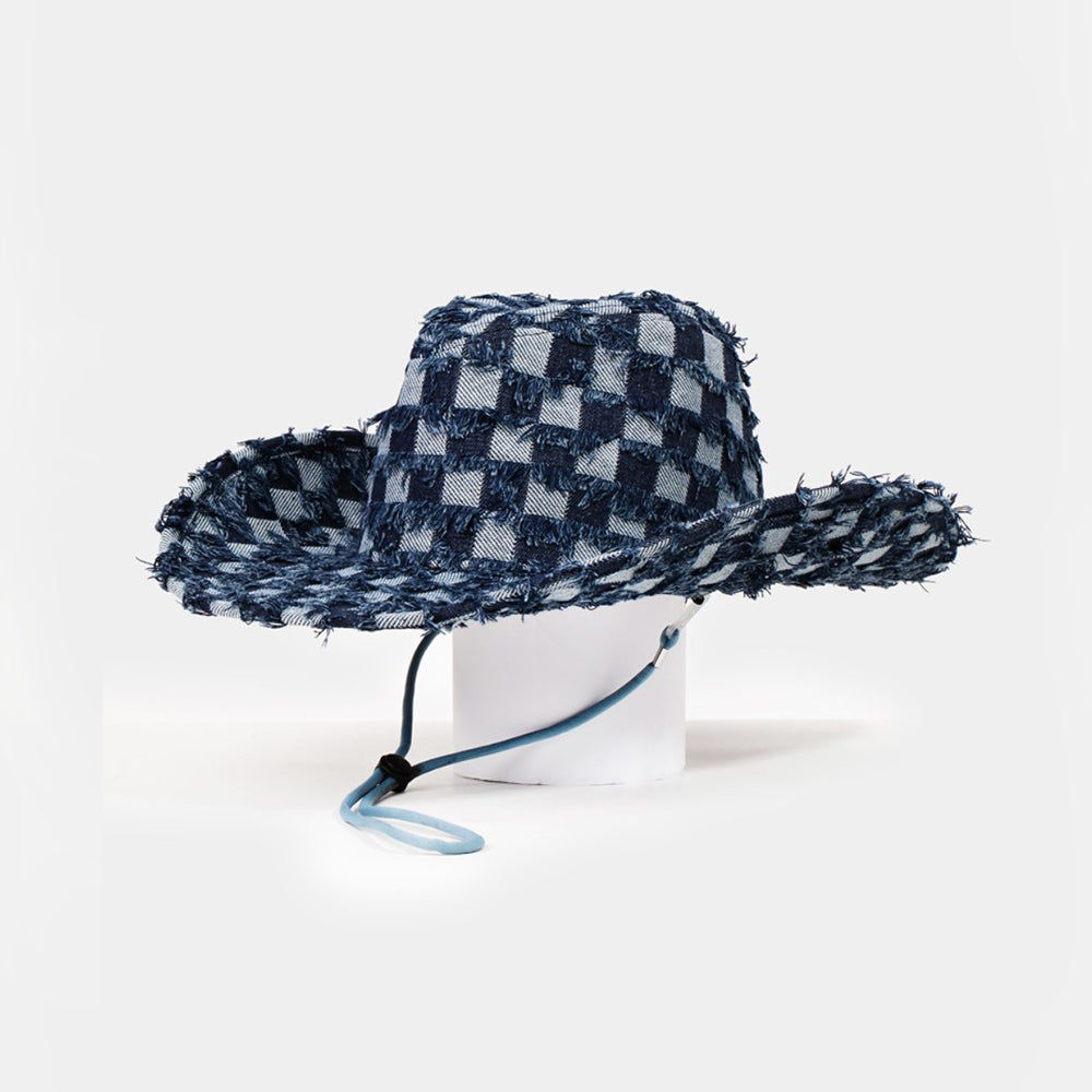 Fame Checkered Fringe Denim Cowboy Hat Trendsi