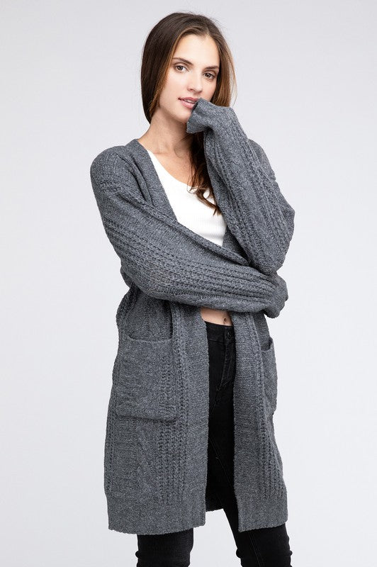 Twist Knitted Open Front Cardigan With Pockets BiBi