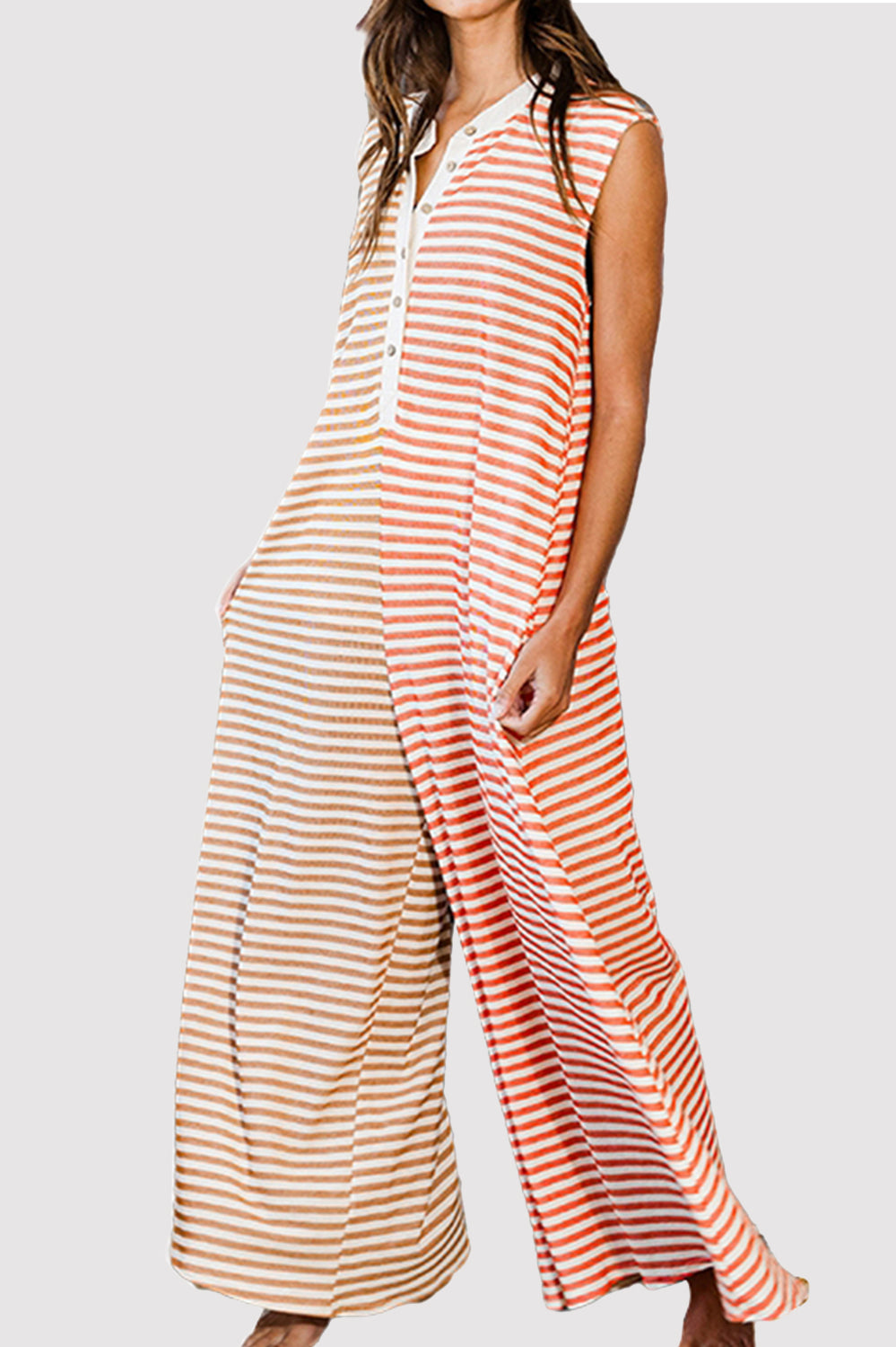 Striped Round Neck Sleeveless Jumpsuit Trendsi