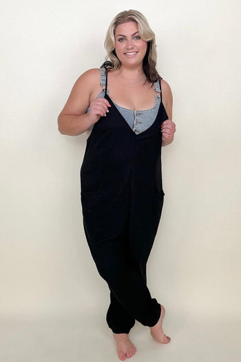 Textured Black Sleeveless V-Neck Pocketed Jumpsuit Kiwidrop