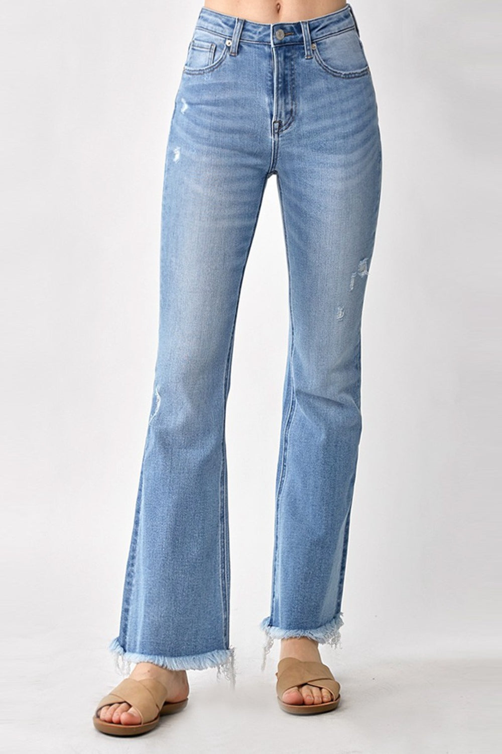 RISEN High Rise Frayed Hem Bootcut Jeans Trendsi