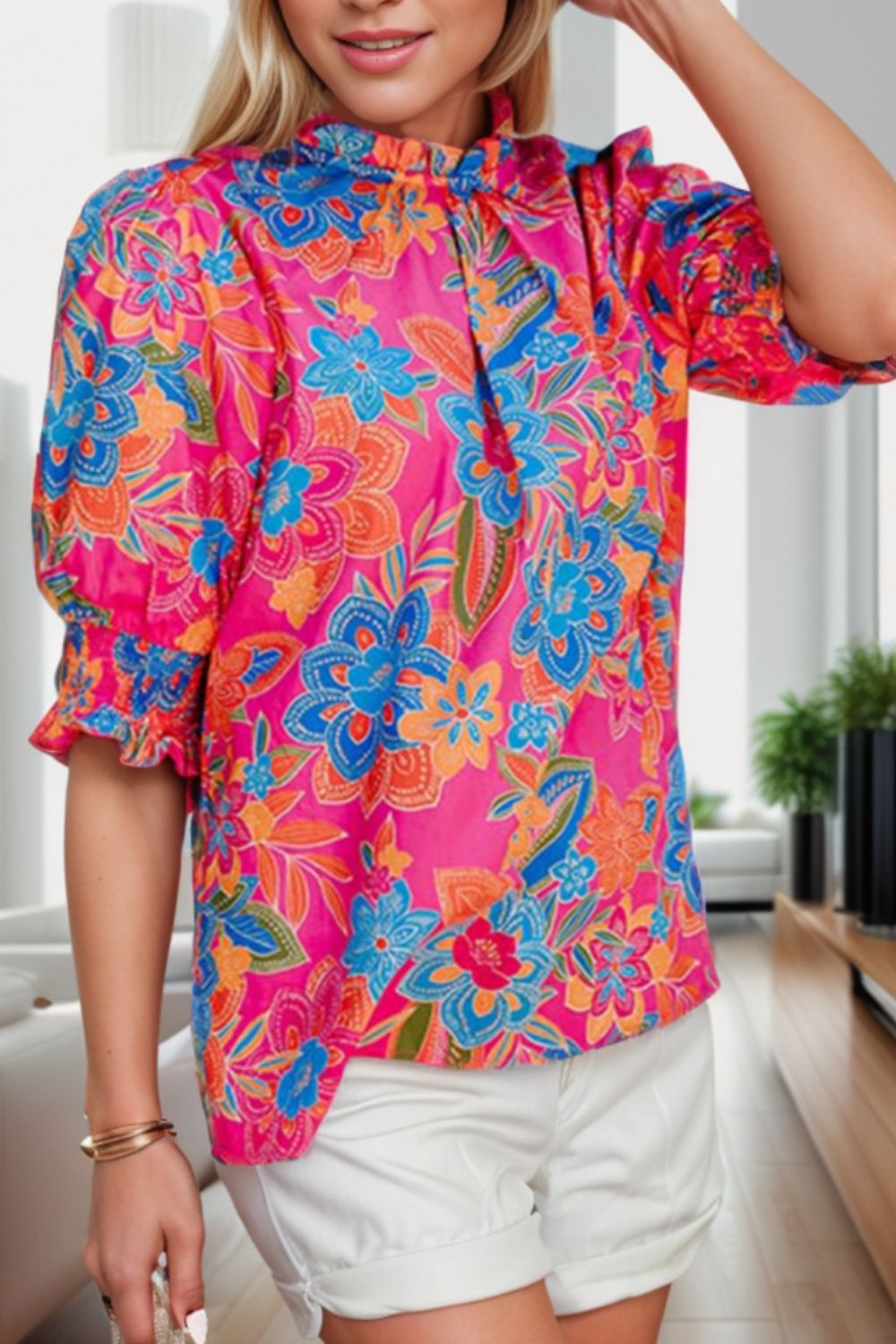 Printed Mock Neck Half Sleeve Blouse Trendsi