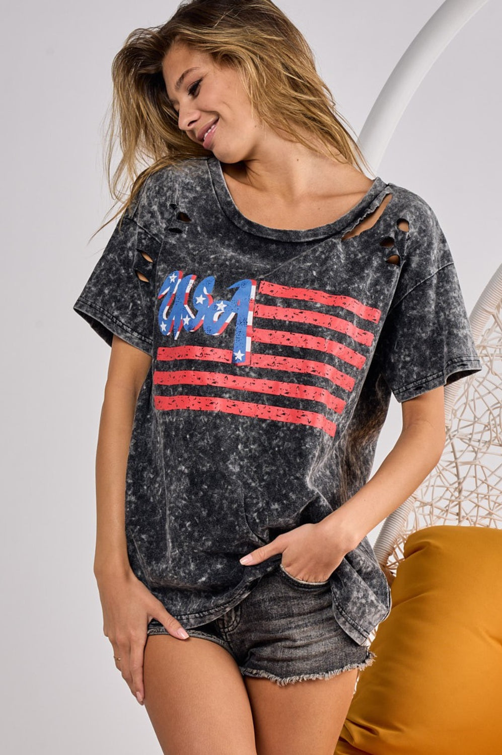 BiBi US Flag Washed Laser Cut T-Shirt Trendsi