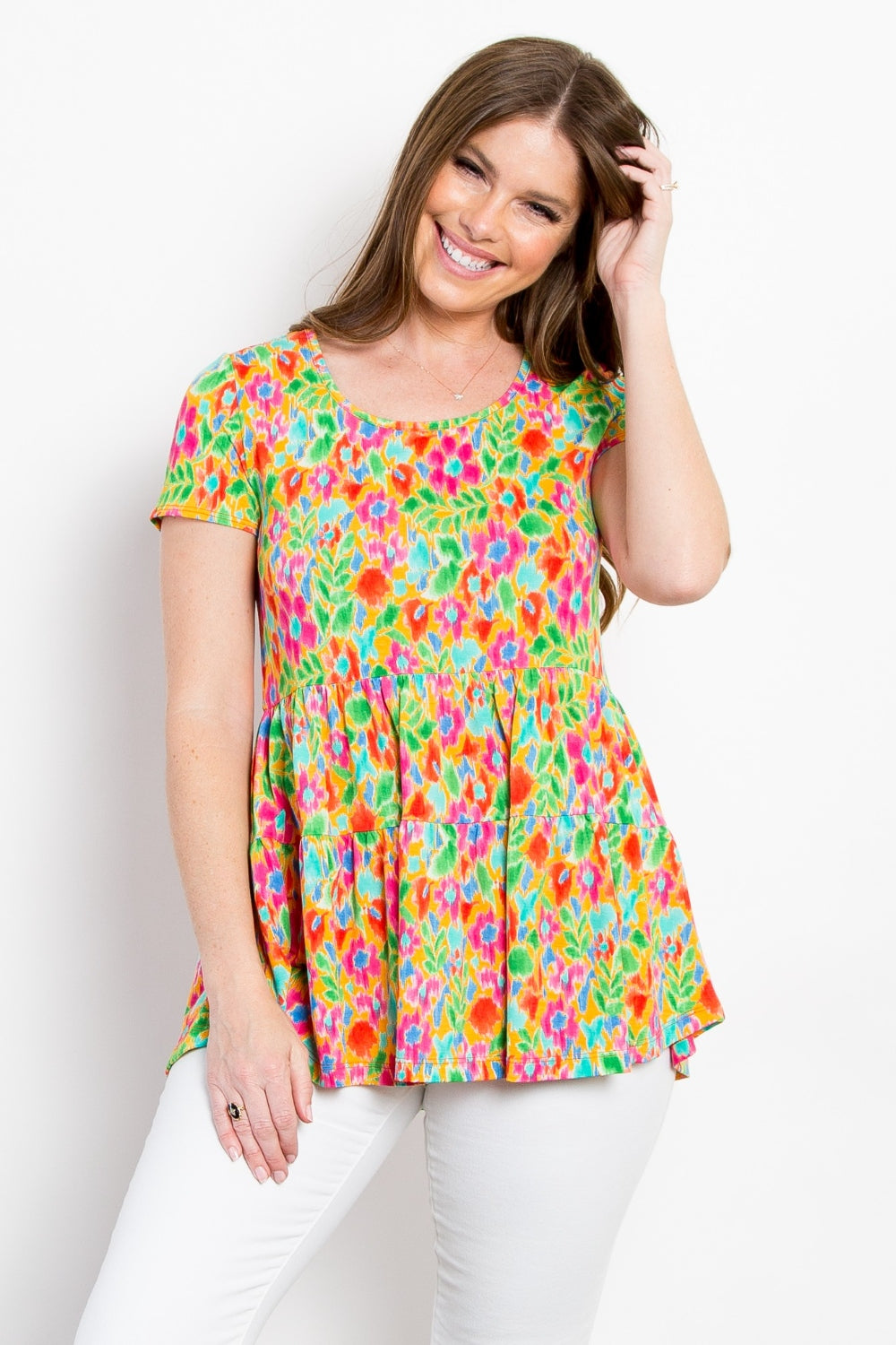 Be Stage Floral Short Sleeve Babydoll Top Trendsi